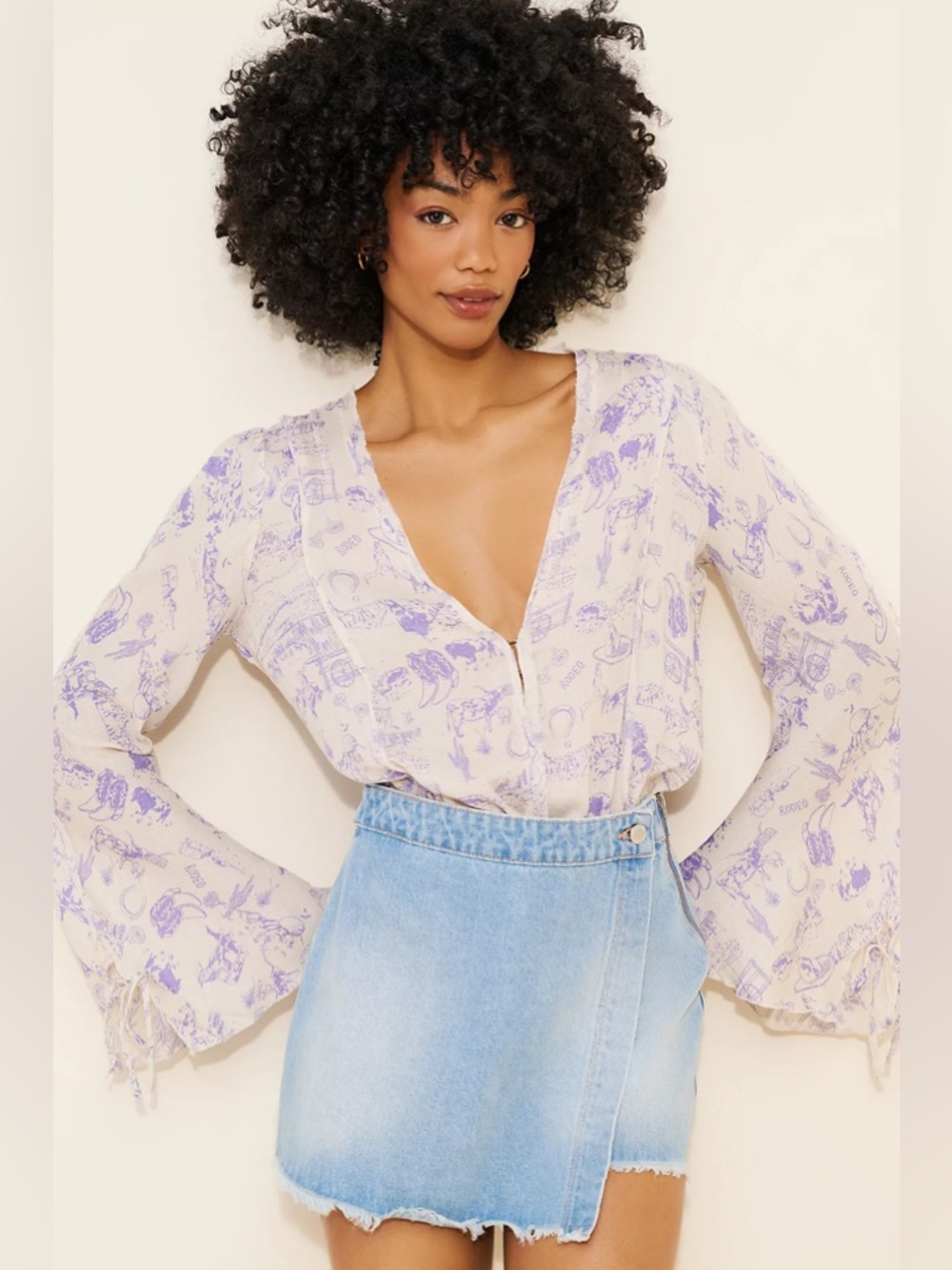 Free People Cream Blouse with Lavender Toile Print